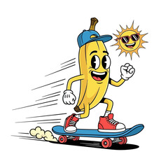 Cool banana character skateboarding with sunglasses sun cartoon fun