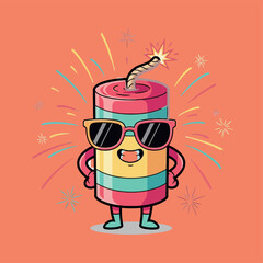 Cool cartoon firecracker character wearing sunglasses on coral backdrop