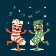 Festive Christmas socks dancing joyfully in the winter snowfall tonight