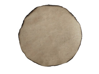 Close up of a single round beige clay disc artifact isolated on transparent background