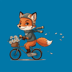 Adorable fox enjoys whimsical bike ride with daisies on bright blue day