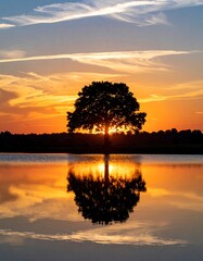 A lone tree silhouetted against a vibrant sunset reflected in still water