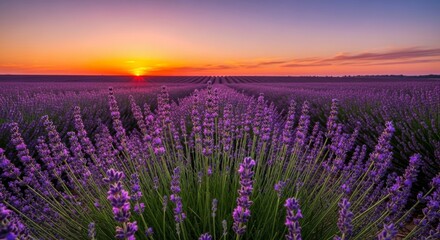 Fototapeta premium Beautiful lavender field under a golden sunset sky, perfect for relaxation or floral backgrounds.