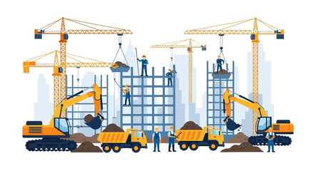 Dynamic construction site with cranes and workers building a modern cityscape, showcasing infrastructure progress and teamwork in urban development