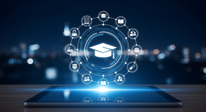 Digital graduation cap icon surrounded by people icons on a tablet screen