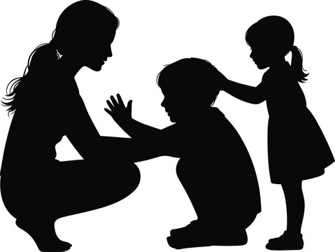 Black and white silhouette of mother and two children playing together, family bonding illustration on white background, minimalist design