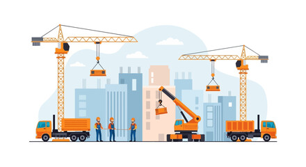 Dynamic construction site scene with cranes and workers building a modern city skyline, great for illustrating growth and industry advancement campaigns