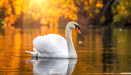 A swan floating on a lake in autumn. Sunlight shines on the water and trees