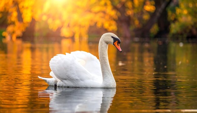A swan floating on a lake in autumn. Sunlight shines on the water and trees - Powered by Adobe