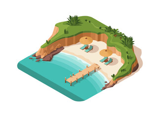 Hidden lagoon island, wooden deck and dock, calm blue water, rocky headland, tropical escape scene, isometric vector illustration