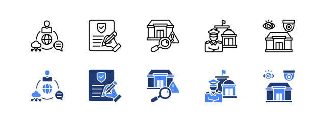 Communication system, Training, Risk assessment, Building security, Surveillance with two styles, line and duotone icon.