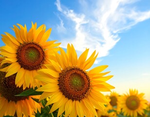 Obraz premium Close-up of Sunflowers in a Field at Sunset