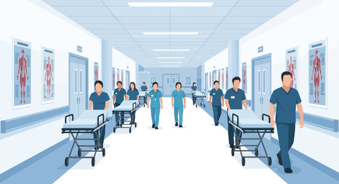 Dedicated medical staff urgently moving patients through hospital corridor, embodying healthcare professionals and patient care in a modern setting