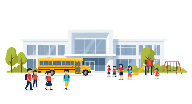 Happy students arriving at school by yellow bus ready to learn and play in the playground for a bright future, academic success, and educational growth