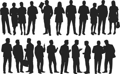 Black and white silhouettes of business people communicating and networking, teamwork and professional collaboration concept illustration