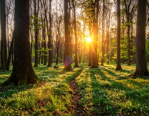 Obraz premium Sunlight streams through a lush forest, creating shadows on the ground