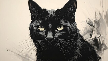 A striking portrait of a black cat with piercing yellow eyes