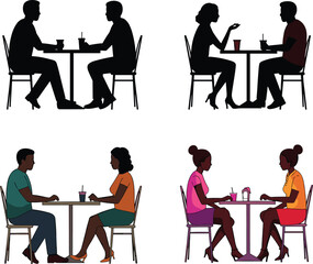 People talking, table interaction, social communication, dining scene, casual meeting, drink sharing, seated figures, conversation moment, artistic style, relationship theme