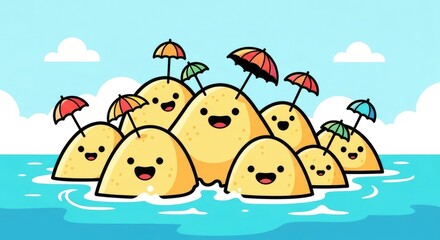Cute Cartoon Islands with Umbrellas in the Ocean.