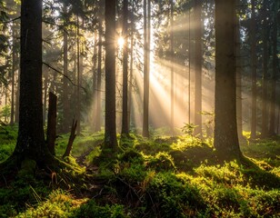 Sunlight streams through tall trees in a misty, green forest