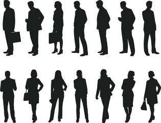 Business people silhouettes, office teamwork, corporate group, professionals standing, leadership team, company staff, teamwork illustration, office workers, partnership concept, cooperation