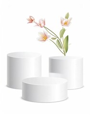 White cylinders & flowers. Minimal, light, calming. Airy
