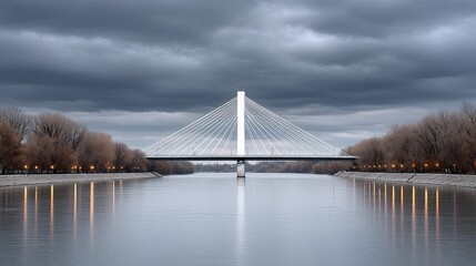 Wide Angle Photo of a Modern Cable Stayed Bridge Spanning a River Under a Dramatic Cloudy Sky with Winter Trees and Water Reflections at Dusk