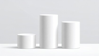 Three white cylinder podiums on a white surface