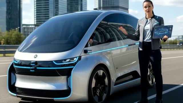 Woman presents futuristic selfdriving electric minivan with modern architecture