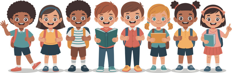 Fototapeta premium Line of Diverse Happy School Children with Backpacks and Books Ready for Class Vector Illustration