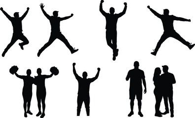 Human silhouette, jumping pose, cheerleader stance, victory gesture, social interaction, black outline, expressive posture, celebration moment, isolated figure, white background
