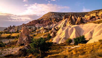 Stunning landscape showcasing geological formations under a vibrant sunset