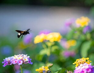 Carpenter bee hovering above vibrant lantana blooms