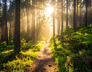 Obraz premium Sun beams through lush trees, illuminating a winding path
