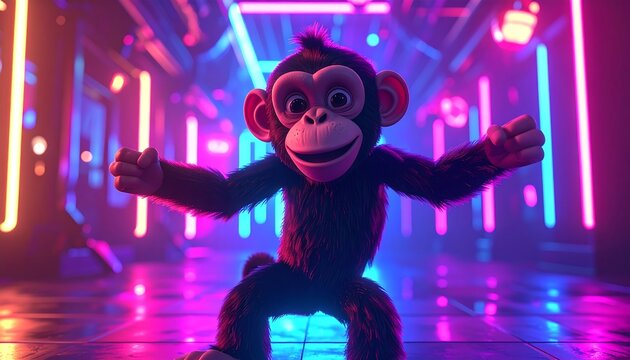 A cheerful cartoon chimp dances in a vibrant, neon-lit hallway