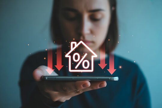 Worried person sees falling real estate market with price drop concept on smartphone