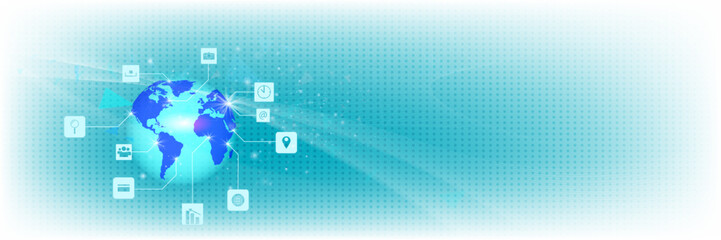 Digital world map with global connection lines and technology icons, representing worldwide data exchange, global business communication, and innovation network concept.