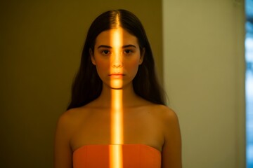 Striking portrait of a young woman bathed in dramatic golden light and shadow