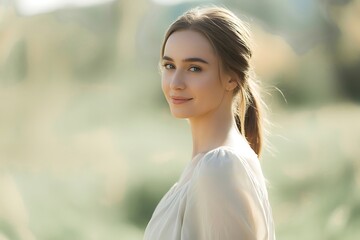Serene young woman with gentle smile in soft natural light, exuding calm beauty and peaceful optimism.