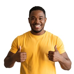 A smiling man in a yellow tshirt giving two thumbs up, isolated on a white background