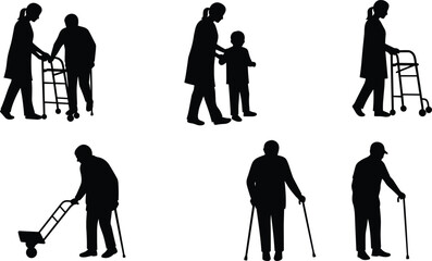 Obraz premium Elderly care, caregiver, walker, cane, silhouette, mobility aid, support, aging, healthcare, assistance, senior, disability, rehabilitation, family, intergenerational, medical, physical help, walking 