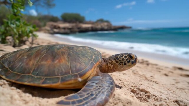 Sea turtle resting on sandy beach shoreline near ocean waves on a bright sunny day