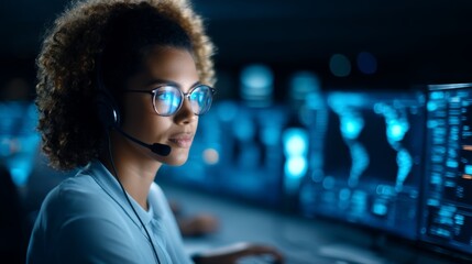 Night Shift: Woman Working with Headset at 24/7 Monitoring Center with Copy Space for Text