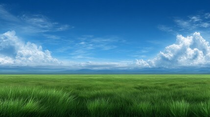 Obraz premium Green grass field under blue sky with white clouds, peaceful summer landscape and natural background scenery 