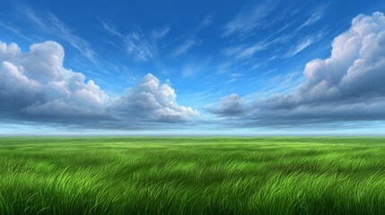 Obraz premium Vivid green grass field under bright blue sky with white clouds, peaceful natural landscape background with sunlight and summer atmosphere 