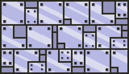 Purple glass pixel art texture showing a randomly tiled wall made of large and small reflective glass or metallic panels. perfect for retro game graphics, tech backgrounds, assets for game, background