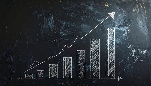 Chalkboard-style illustration shows an upward-trending bar graph with an arrow