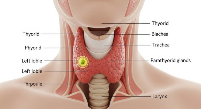 Anatomical view of the human thyroid gland and parathyroid glands detailed diagram illustration