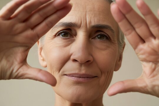 Closeup portrait of a senior woman framing her face with her hands