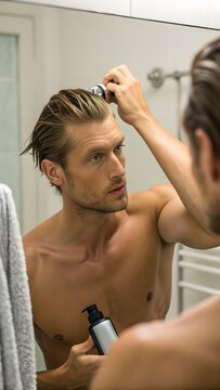 Grooming Moment: Man Applying Hair Product in Mirror. Handsome man applying hair product in front of mirror, wet hair pushed back, sharp cheekbones and natural shine.